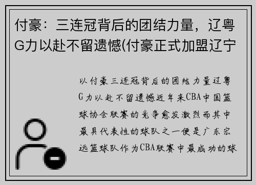 付豪：三连冠背后的团结力量，辽粤G力以赴不留遗憾(付豪正式加盟辽宁)