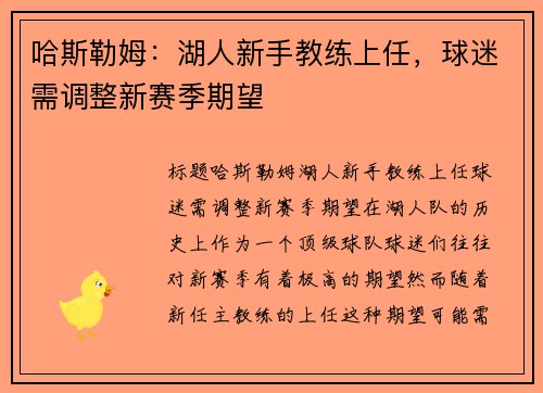 哈斯勒姆：湖人新手教练上任，球迷需调整新赛季期望