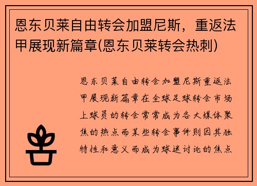 恩东贝莱自由转会加盟尼斯，重返法甲展现新篇章(恩东贝莱转会热刺)