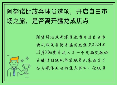 阿努诺比放弃球员选项，开启自由市场之旅，是否离开猛龙成焦点
