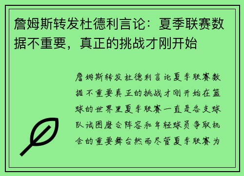 詹姆斯转发杜德利言论：夏季联赛数据不重要，真正的挑战才刚开始